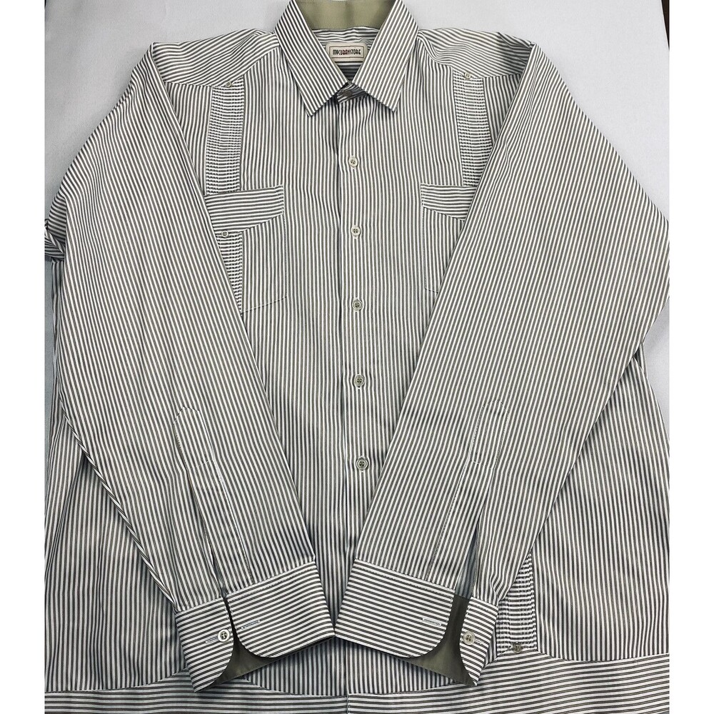 My Cuban Store Mens Beige Black White Thin Stripe Pleats Front Back Button